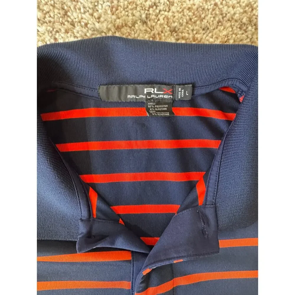 RLX Ralph Lauren Polo Shirt Mens L Navy Blue Orange Striped Short Sleeve Golf